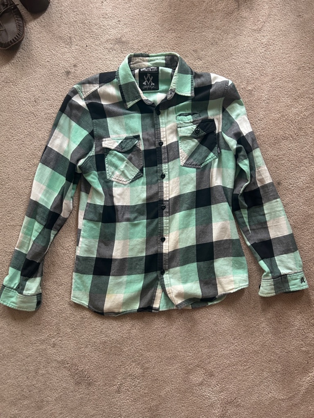 Vans Mint Green Black and White Plaid Button-Down Shirt